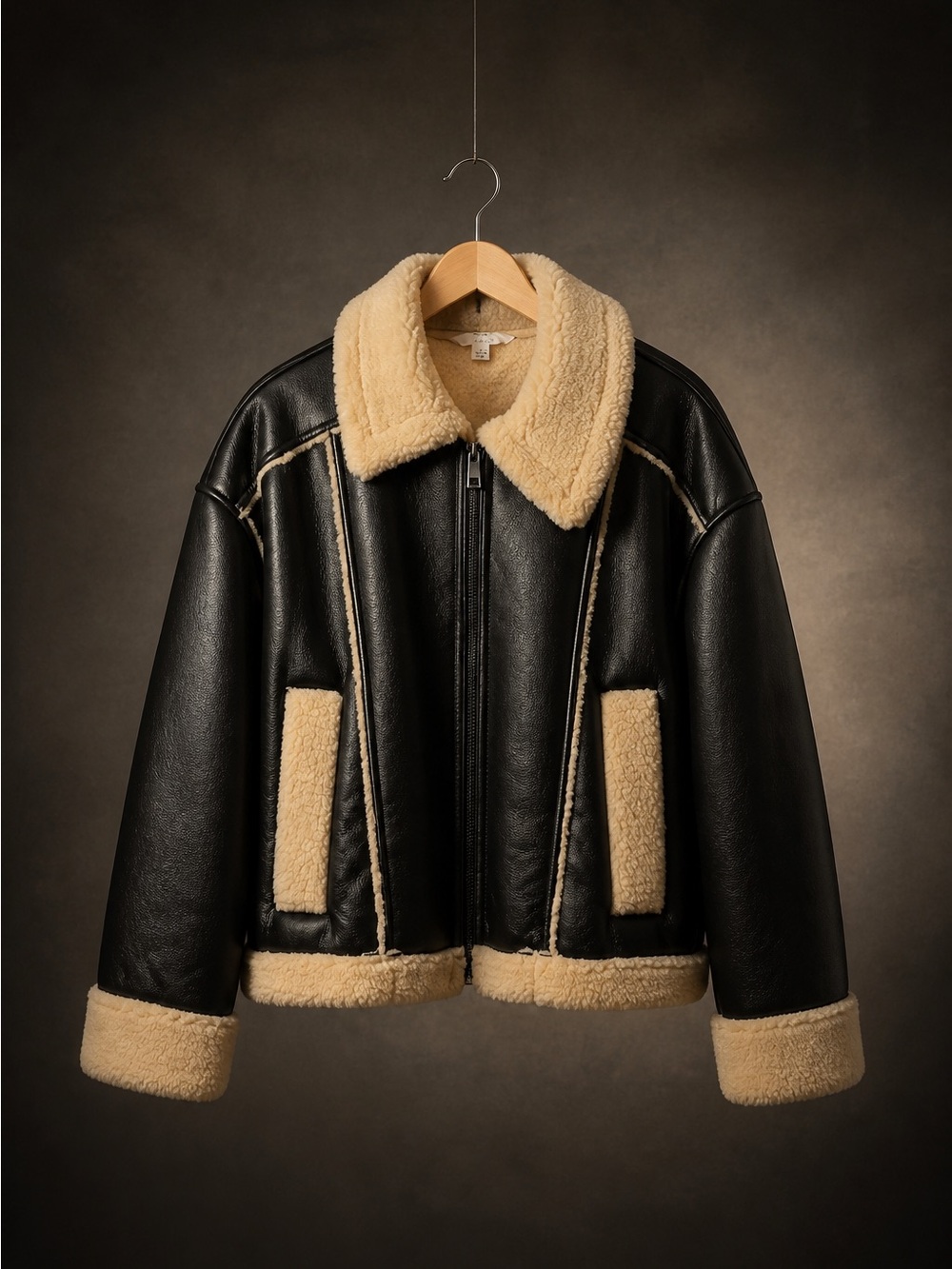 Black Faux Leather Aviator Jacket with Cream Sherpa Trim
